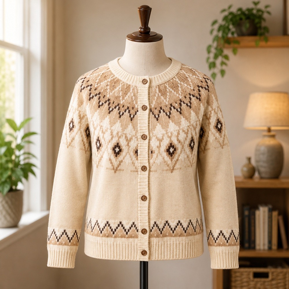 Oliver + Rain Cardigan Sweater Womens XL Beige Fair Isle Knit Button Front